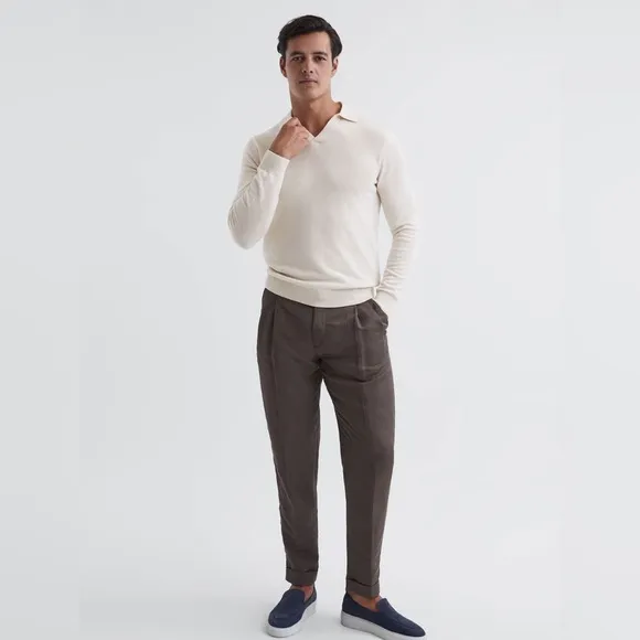 New REISS Milk Swift Wool Blend Open Collar Polo Shirt