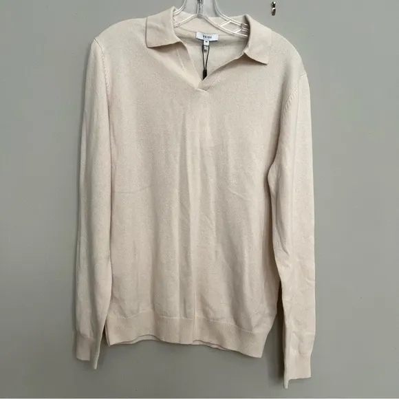 New REISS Milk Swift Wool Blend Open Collar Polo Shirt