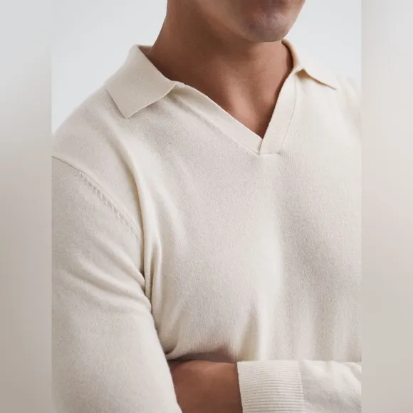 New REISS Milk Swift Wool Blend Open Collar Polo Shirt