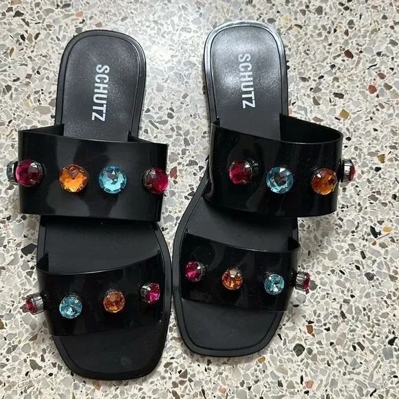 New Schutz Lizzie Crystal side sandal multicolor 10 black