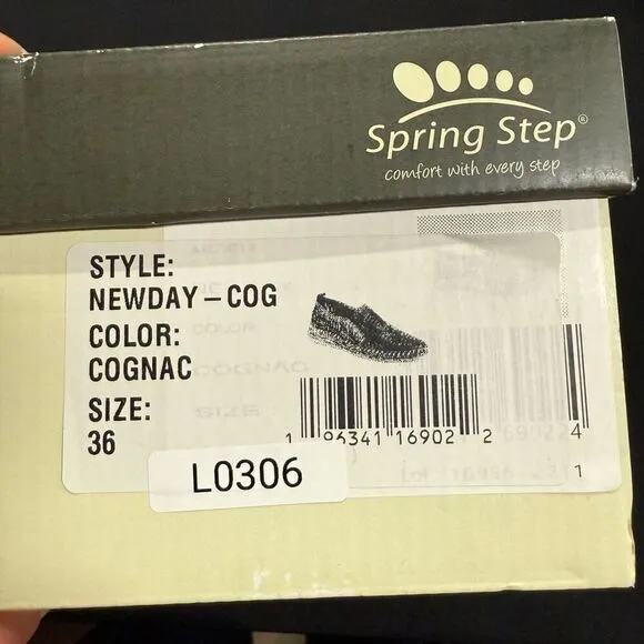 New Spring Step Newday Cognac Brown Leather Laser Cut Flats Sneakers 36