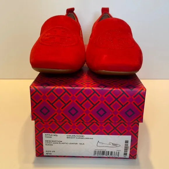 New Tory Burch Leigh Red Suede Loafers Size 6 1/2