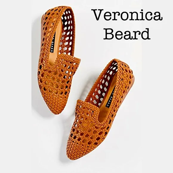 New Veronica Beard Griffin Tan Leather Woven Flats Size 38