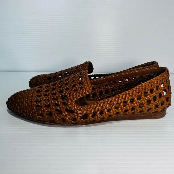 New Veronica Beard Griffin Tan Leather Woven Flats Size 38