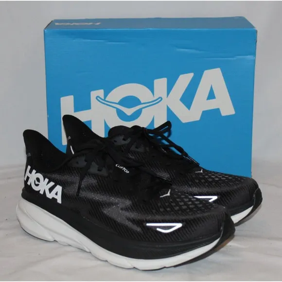 NIB HOKA ONE ONE MEN'S CLIFTON 9 BWHT BLACK WHITE RUNNING‎ SNEAKERS