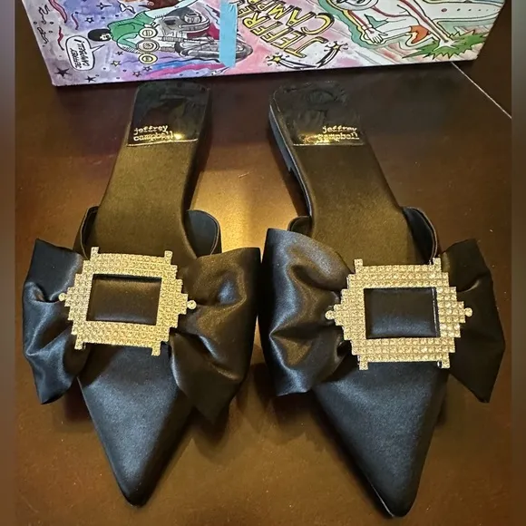 NIB Jeffrey Campbell Sit Pretty Flats 8.5 Black Satin Rhinestone Buckle Bow