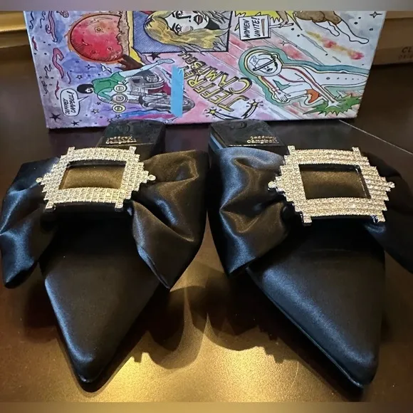 NIB Jeffrey Campbell Sit Pretty Flats 8.5 Black Satin Rhinestone Buckle Bow