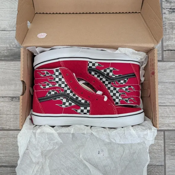 NIB Vans Red High-Top Sneakers with Flames Youth
