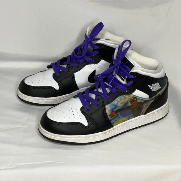 Nike Air Jordan 1 Mid Hologram Kids Basketball Sneakers Black White 6Y