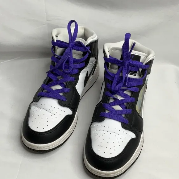 Nike Air Jordan 1 Mid Hologram Kids Basketball Sneakers Black White 6Y
