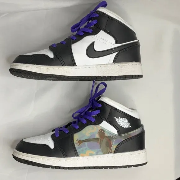 Nike Air Jordan 1 Mid Hologram Kids Basketball Sneakers Black White 6Y