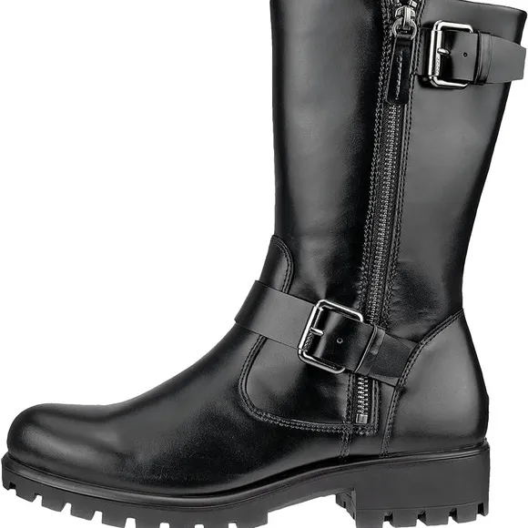NWOB $259 ECCO Tray Tech Black Leather Biker Style Boots