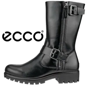 NWOB $259 ECCO Tray Tech Black Leather Biker Style Boots