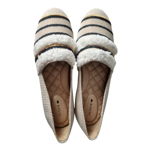 NWOB Birdies The Starling Natural Striped Embroidered Flat Shoe Comfort Size 7