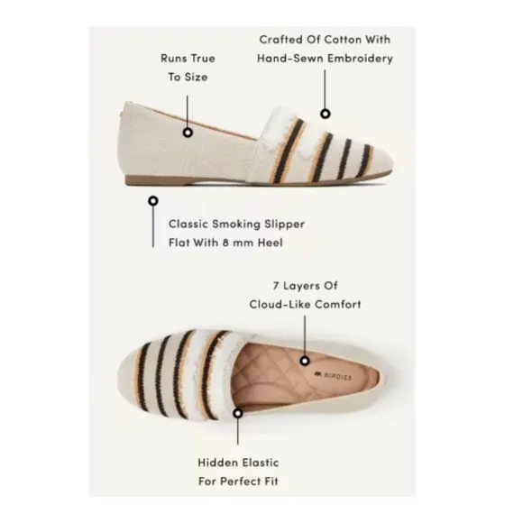NWOB Birdies The Starling Natural Striped Embroidered Flat Shoe Comfort Size 7