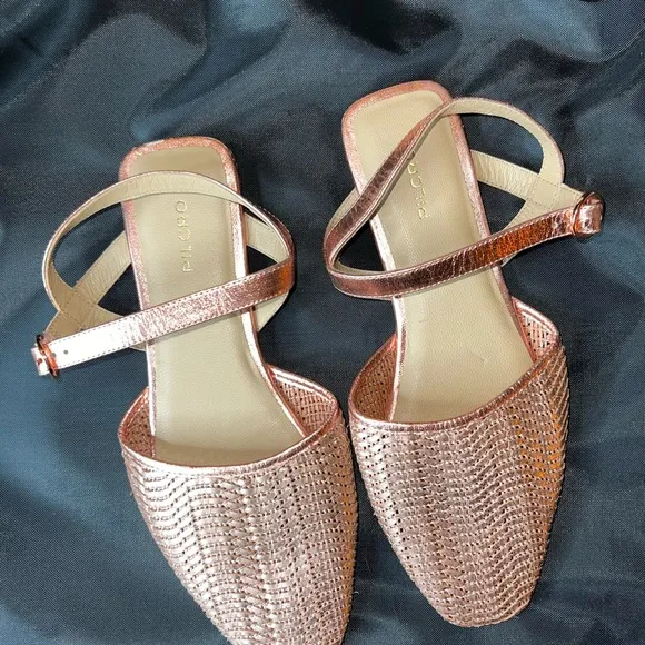 *NWOT* Anthropologie Pilcro Rose Gold Metallic Woven Leather Flats/Sandals (10)