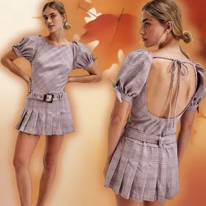 NWOT Free People ‘Sevi’ Plaid Belted Mini Dress in “Gray &amp; Pink Combo” Sz Small