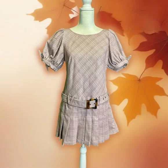 NWOT Free People ‘Sevi’ Plaid Belted Mini Dress in “Gray &amp; Pink Combo” Sz Small