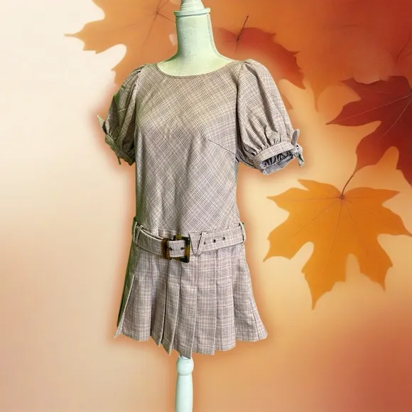 NWOT Free People ‘Sevi’ Plaid Belted Mini Dress in “Gray &amp; Pink Combo” Sz Small