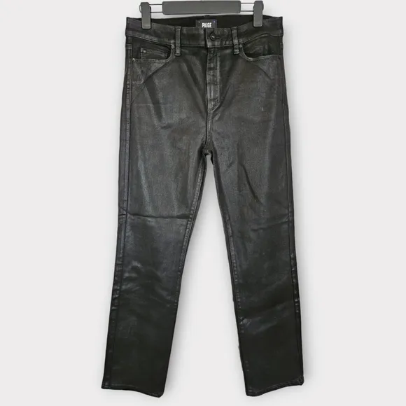 NWOT Paige Cindy Black Luxe Coated Straight Leg High Waist Jeans in Black Fog 31