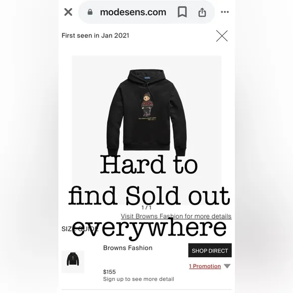 NWOT Polo Bear by Ralph Lauren. XXL Long sleeve Hard to find BLACK Hoodie
