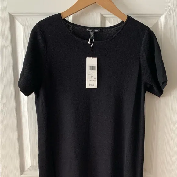 NWT 398.00 Eileen Fisher Black Washable Wool Crepe Round Neck Long Tunic