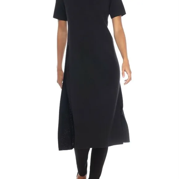 NWT 398.00 Eileen Fisher Black Washable Wool Crepe Round Neck Long Tunic