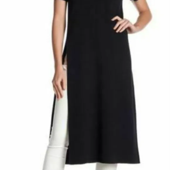 NWT 398.00 Eileen Fisher Black Washable Wool Crepe Round Neck Long Tunic