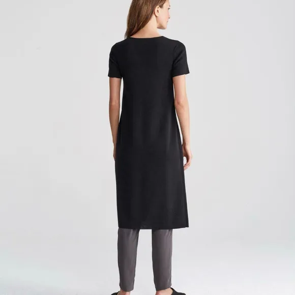 NWT 398.00 Eileen Fisher Black Washable Wool Crepe Round Neck Long Tunic