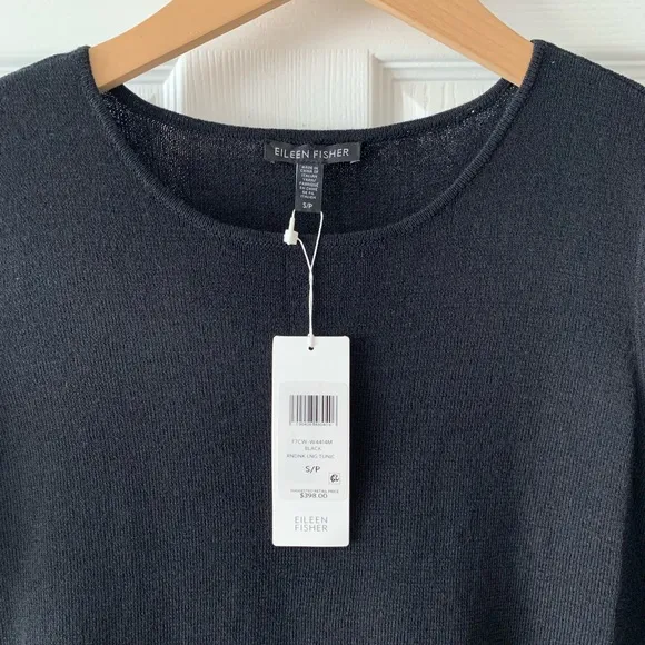 NWT 398.00 Eileen Fisher Black Washable Wool Crepe Round Neck Long Tunic
