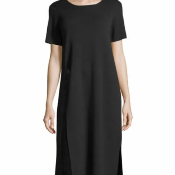 NWT 398.00 Eileen Fisher Black Washable Wool Crepe Round Neck Long Tunic