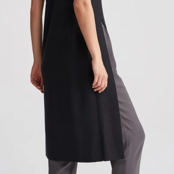 NWT 398.00 Eileen Fisher Black Washable Wool Crepe Round Neck Long Tunic