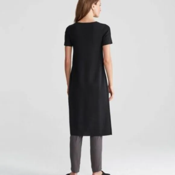 NWT 398.00 Eileen Fisher Black Washable Wool Crepe Round Neck Long Tunic