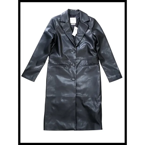 NWT Abercrombie &amp; Fitch Vegan Leather Long Vneck Blazer Jacket Coat Black XS NEW