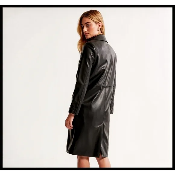 NWT Abercrombie &amp; Fitch Vegan Leather Long Vneck Blazer Jacket Coat Black XS NEW