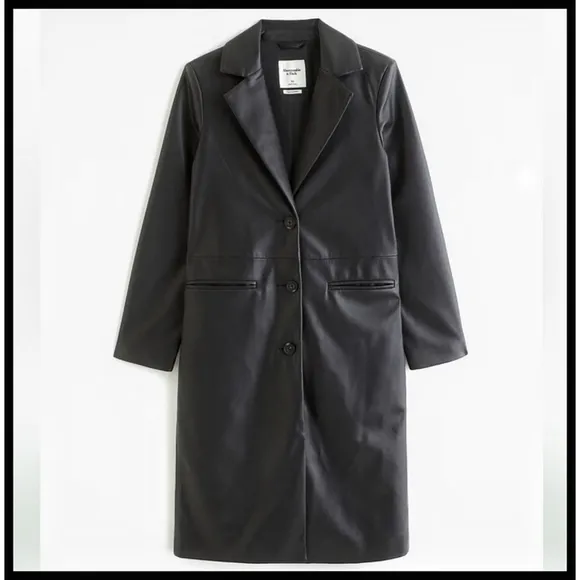 NWT Abercrombie &amp; Fitch Vegan Leather Long Vneck Blazer Jacket Coat Black XS NEW