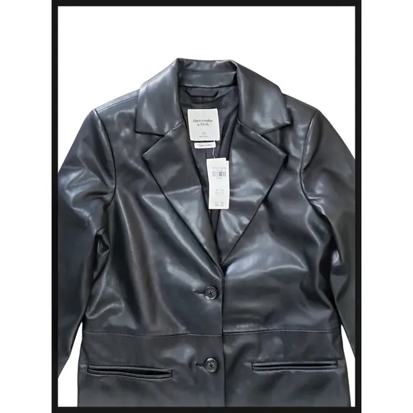 NWT Abercrombie &amp; Fitch Vegan Leather Long Vneck Blazer Jacket Coat Black XS NEW