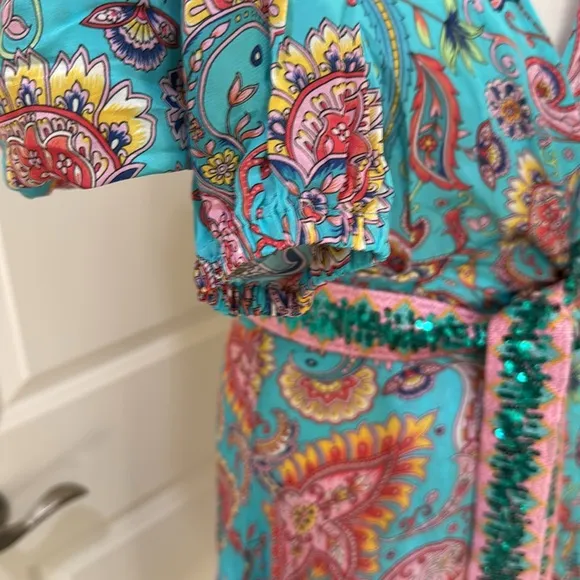 NWT Boston Proper Turquoise Beach Paisley Wrap Dress with Sequin Belt Medium