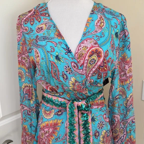 NWT Boston Proper Turquoise Beach Paisley Wrap Dress with Sequin Belt Medium