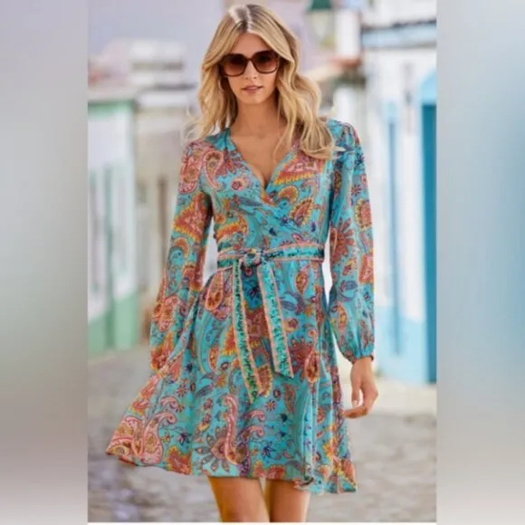 NWT Boston Proper Turquoise Beach Paisley Wrap Dress with Sequin Belt Medium