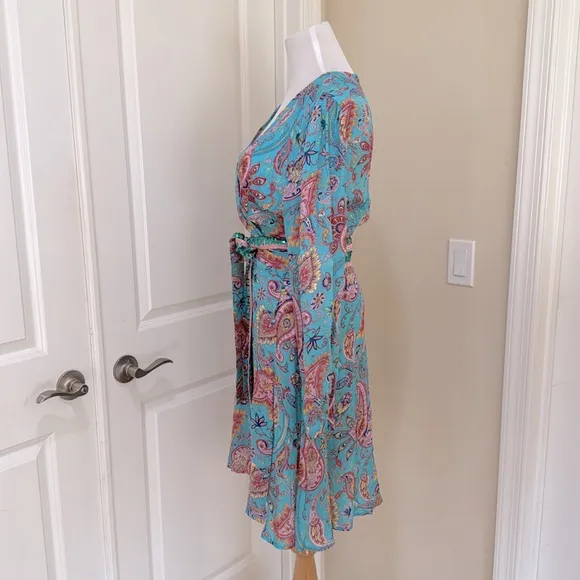NWT Boston Proper Turquoise Beach Paisley Wrap Dress with Sequin Belt Medium