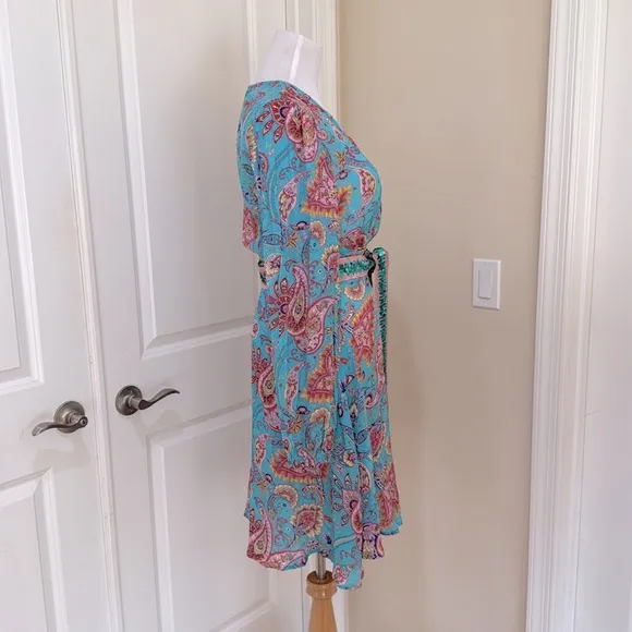 NWT Boston Proper Turquoise Beach Paisley Wrap Dress with Sequin Belt Medium