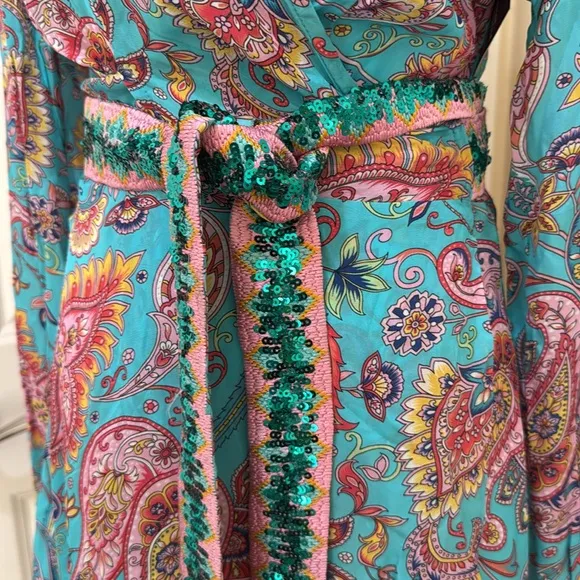 NWT Boston Proper Turquoise Beach Paisley Wrap Dress with Sequin Belt Medium