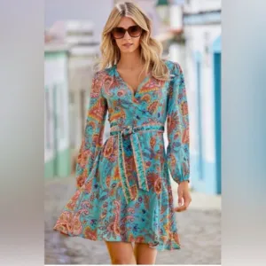 NWT Boston Proper Turquoise Beach Paisley Wrap Dress with Sequin Belt Medium