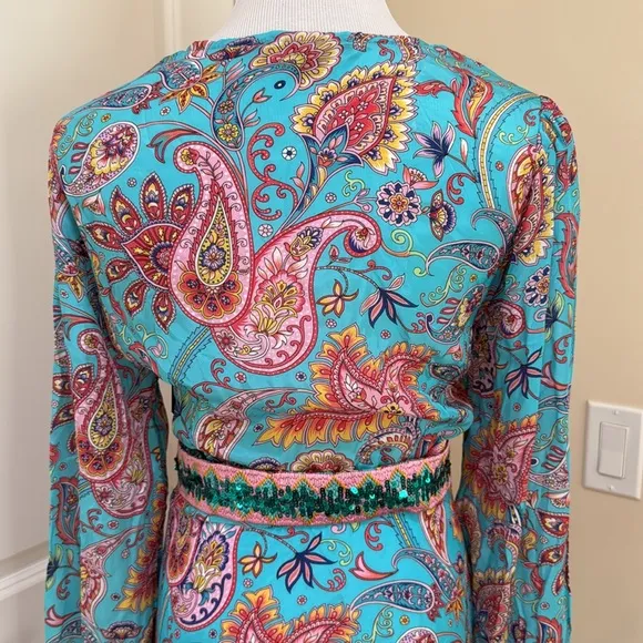 NWT Boston Proper Turquoise Beach Paisley Wrap Dress with Sequin Belt Medium