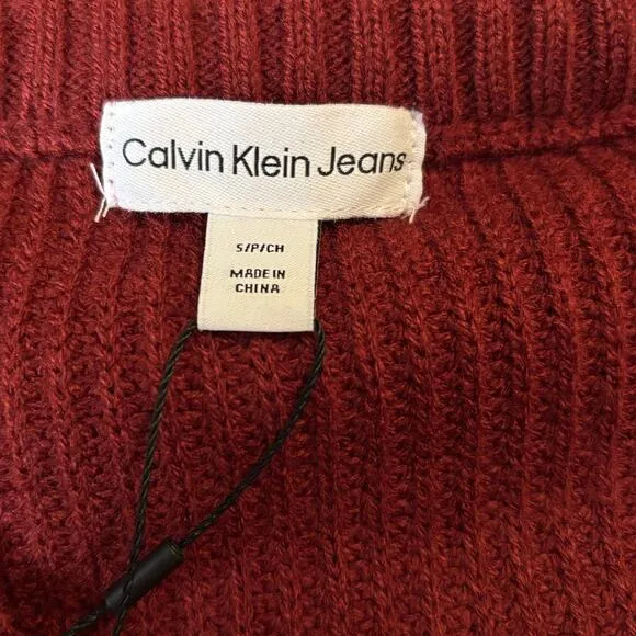 NWT Calvin Klein Sweater Dress Women's Size S Stretch Midi Burgundy Zipper Slit