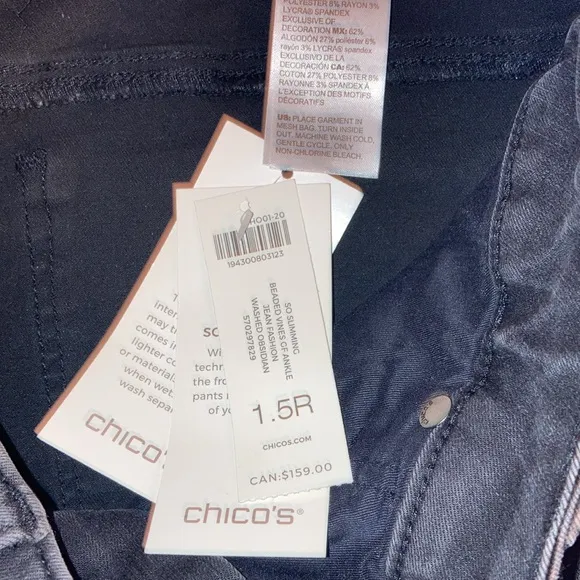 NWT Chico's So Slimming Beaded Vine Girlfriend Ankle Jeans Washed Obsidian