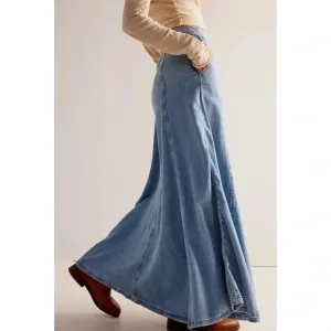 NWT Free People Catch The Sun Denim Jean Flowy Maxi Skirt Light Indigo Blue