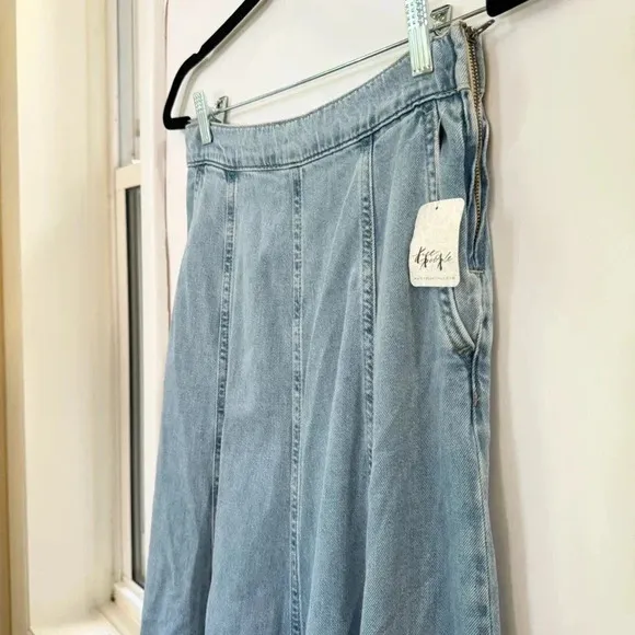 NWT Free People Catch The Sun Denim Jean Flowy Maxi Skirt Light Indigo Blue