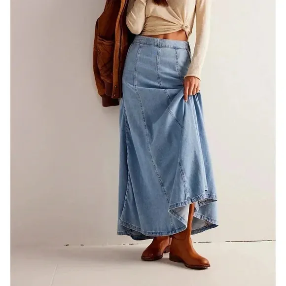 NWT Free People Catch The Sun Denim Jean Flowy Maxi Skirt Light Indigo Blue